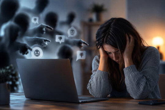 Stressed young woman holding her head at a laptop surrounded by angry shadowy figures pointing fingers and sending negative reactions