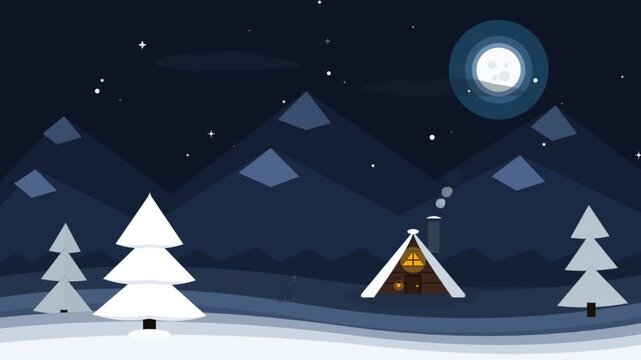 Animated Winter Night Landscape with Snowy Cabin and Mountains