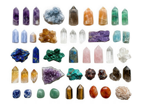 Collection of various colorful natural crystals and gemstones isolated on transparent background