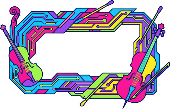 Vibrant musical violin border with electronic circuit design on white background