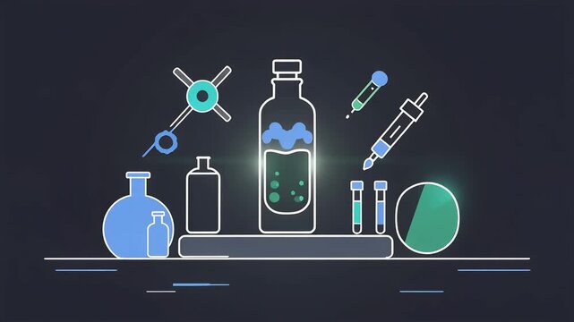 Laboratory glassware icons and chemical reaction animation elements floating in a modern digital space for science and medical research projects