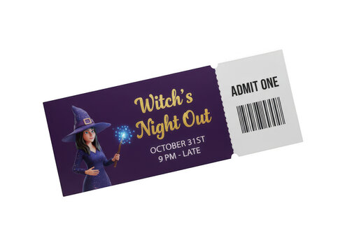Purple halloween ticket design featuring a cute witch holding a magic wand with a scannable qr code area