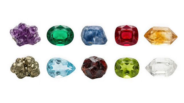 Collection of various colorful gemstones and raw mineral crystals isolated on transparent background