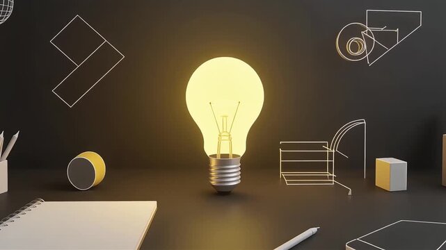 Glowing light bulb illuminating an organized designer workspace with creative stationary elements in this bright digital 3D animation video footage