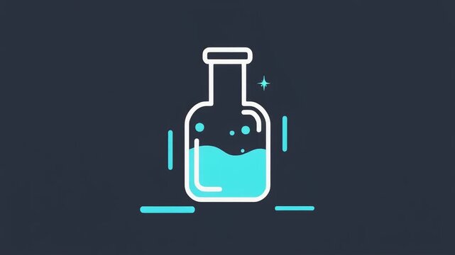 Laboratory glass bottle animation showing glowing blue liquid bubbling inside a minimalist container for scientific research medical concept video footage