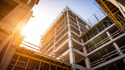 Construction site interior with building scaffolding and framework at sunset real estate high rise © Sabbir Media