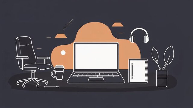 Minimalist home office workspace setup illustration featuring laptop chair and headset in smooth fluid digital motion animation loop high quality