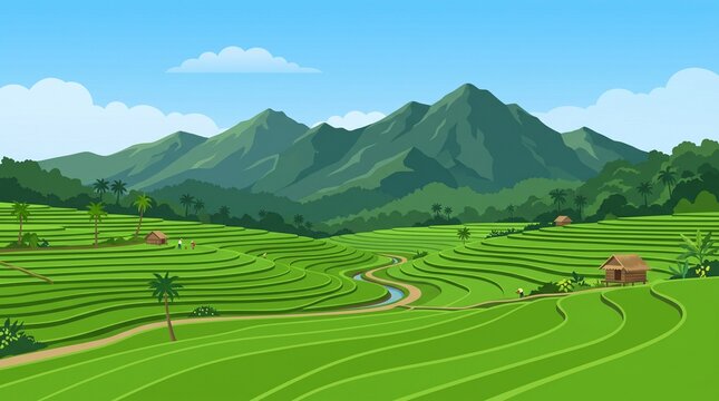 A breathtaking vector illustration of lush green rice terraces nestled beneath majestic tropical mountains, featuring small huts, palm trees, and gentle farming activity.