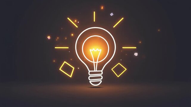 Glowing light bulb icon with floating geometric shapes creating creative ideas in this dynamic and minimalist motion animation video footage