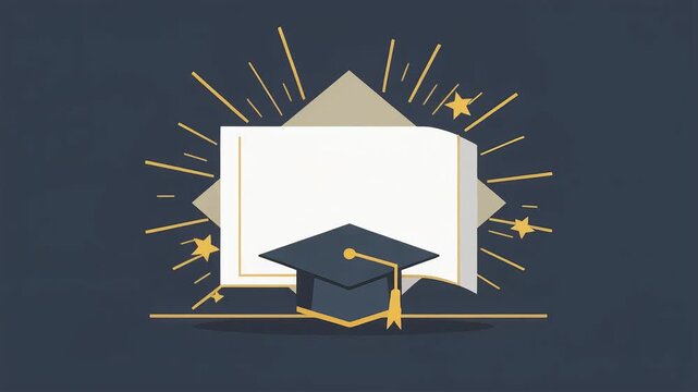 Graduation cap sitting before open book with vibrant yellow star burst rays in minimal flat vector style motion graphic video