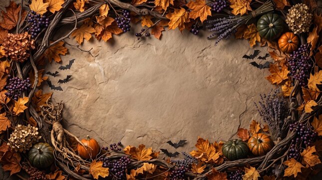 Autumnal wreath border of dry leaves pumpkins grapes and lavender surrounding central stone copy space provides seasonal frame for fall designs and invitations.