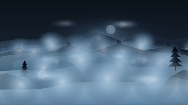 Mystical night mountain landscape with glowing blue fog and dark pine trees
