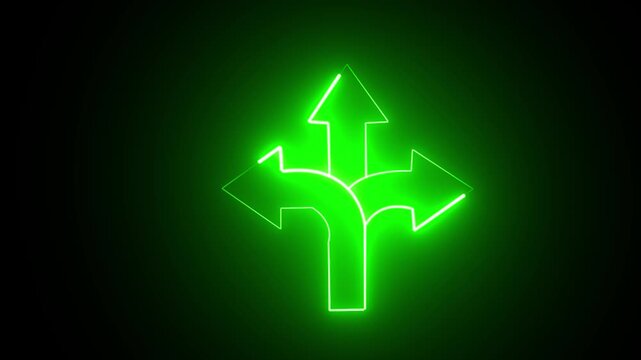 Three-way direction arrow sign animation. road direction, moving arrow three arrow direction animation. traffic way Three- Way Fork in the Road Arrow Symbol on Black Background direction choice.4k 
