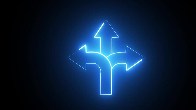 Three-way direction arrow sign animation. road direction, moving arrow three arrow direction animation. traffic way Three- Way Fork in the Road Arrow Symbol on Black Background direction choice.4k 
