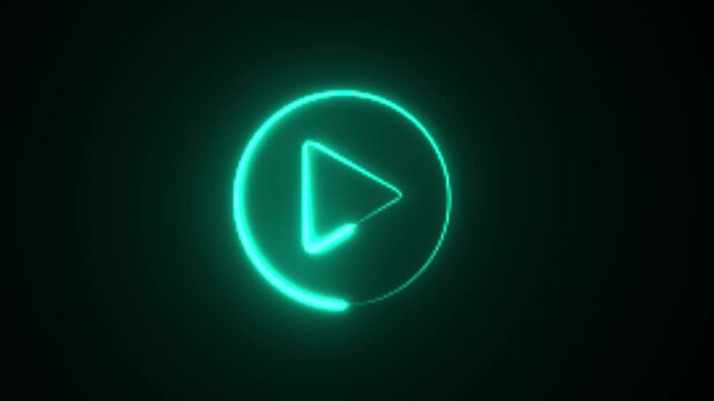 Glowing neon shine play button sign with neon circle animation. Neon glowing play button icon on the black background. blue color neon icon. 4k video..
