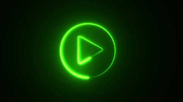 Glowing neon shine play button sign with neon circle animation. Neon glowing play button icon on the black background. blue color neon icon. 4k video..

