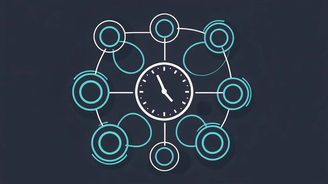 Animated clock face connected to digital network nodes in a smooth motion graphic design for business time management video footage