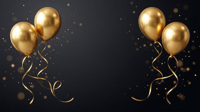 Shiny golden balloons floating elegantly with curled ribbons against a dark background featuring soft glowing particles