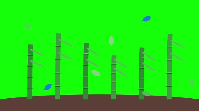 Stylized 2D bamboo stalks animation icon set with falling green and blue leaves on brown ground, isolated on bright green screen background for video production and motion graphics.
