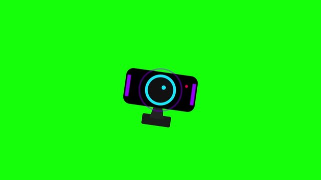 Webcam animation icon for live streaming and online meetings, flat vector style black camera with blue lens and purple lights isolated on green screen background for chroma key.