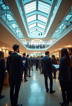 Prestigious MBA Program Networking Event in Modern Glass Atrium Featuring Professional Alumni Interaction and Collaborative Opportunities