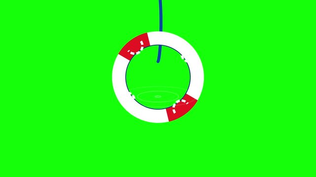2D animation icon featuring a red and white nautical lifebuoy ring hanging on a blue rope against a bright green screen background for video editing and marine safety concepts.