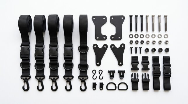 Tactical Straps and Hardware: A collection of heavy-duty black nylon straps with robust buckles, carabiners, and various metal hardware components, including screws, washers, and brackets.