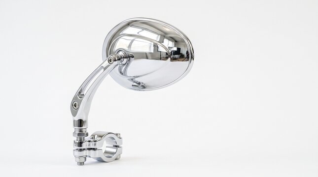 Chrome Motorcycle Mirror: A sleek, polished chrome motorcycle mirror reflects its surroundings, mounted on a sturdy clamp, showcasing precision engineering.