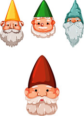 Fototapeta premium Garden gnome heads with colorful hats and white beards form a whimsical collection of cute fantasy faces and icons ideal for fairytale, folklore, childrens book or design projects