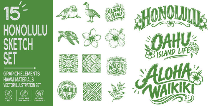 Honolulu Hawaii Travel Graphic Elements Set with Aloha Typography, Polynesian Patterns, Tropical Flowers, Native Wildlife and Retro Promotional Badges
