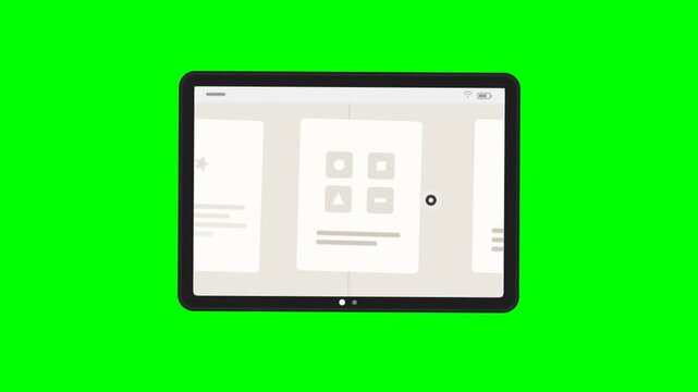 Tablet device displaying e book reader application animation against green screen background