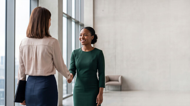 Two businesswomen shaking hands and smiling during a meeting in a bright office hallway