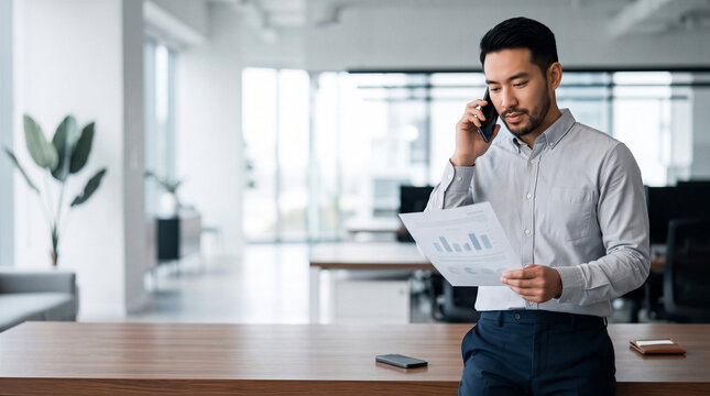 Young Asian businessman talking on a smartphone while reviewing a financial report in a modern office