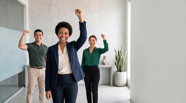 Happy diverse business team raising their fists and celebrating success in an office
