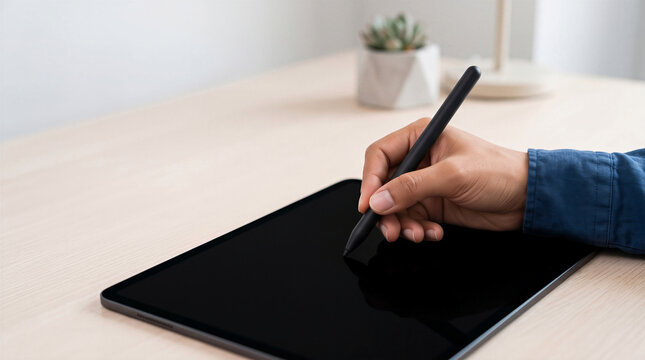 Close-up of a man using a black pen on a blank digital tablet at a wooden desk in a modern workspace