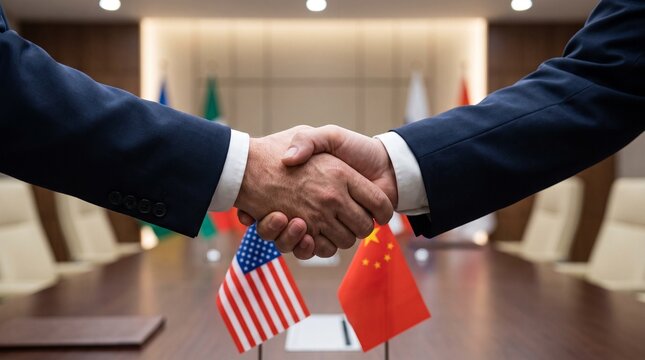 Diplomatic handshake between representatives of the United States and China in a formal meeting room.