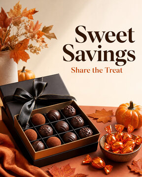 Gourmet chocolate truffles in black gift box, autumn sweet savings promotion, fall seasonal candy treats with pumpkins and maple leaves
