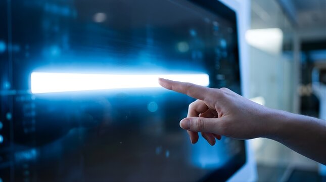 Finger touching bright glowing light on digital screen in office