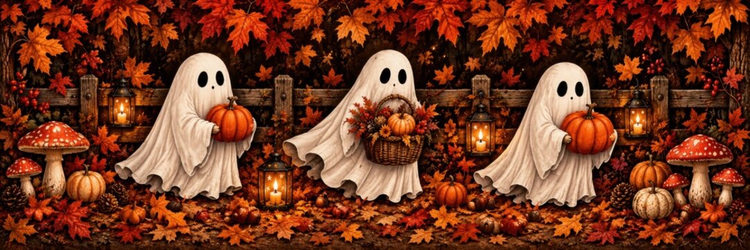 Whimsical Halloween autumn scene with ghost figures pumpkins and lanterns in forest background