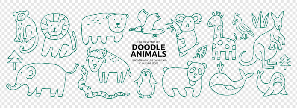 Cute Line Tropic Baby Animal Set. Tropical Jungle Safari Animal Kit. Tropic Animals Line Style Collection. Doodle Vector Illustration in Png Transparent Bg