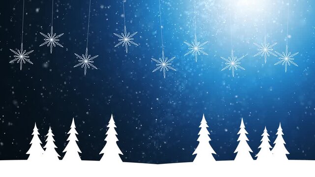 Winter snowy nature illustrated background with snowflakes swing on the strings. Copy space animation.