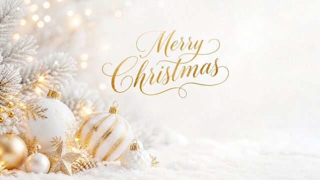 Merry Christmas elegant gold lettering on white background. Festive holiday ornaments and snowy pine branches. Luxury winter greeting card design.