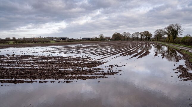 Flooded agricultural field showing deep muddy furrows under a gloomy overcast winter sky with distant trees