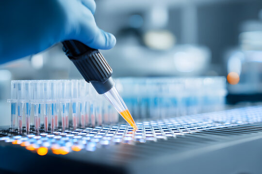 Scientist hand put on blue medical gloves multichannel pipette into test tube for high-throughput research in modern laboratory. Multi pipette in genetic laboratory. Genetic Engineering Technology DNA