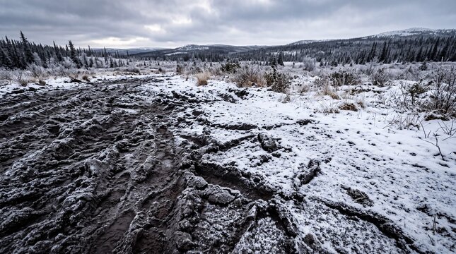 Deep muddy tire tracks carved into cold frozen earth under a vast overcast winter sky landscape