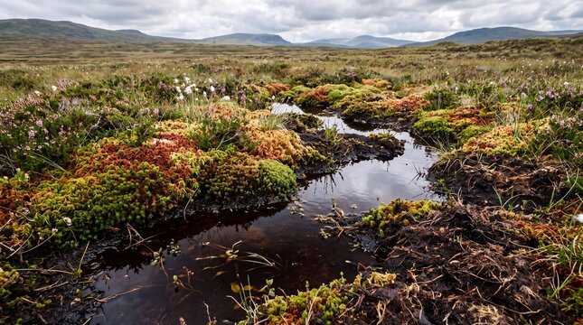 Scottish highland bog featuring vibrant colorful mosses and dark reflective water pools under dramatic cloudy skies