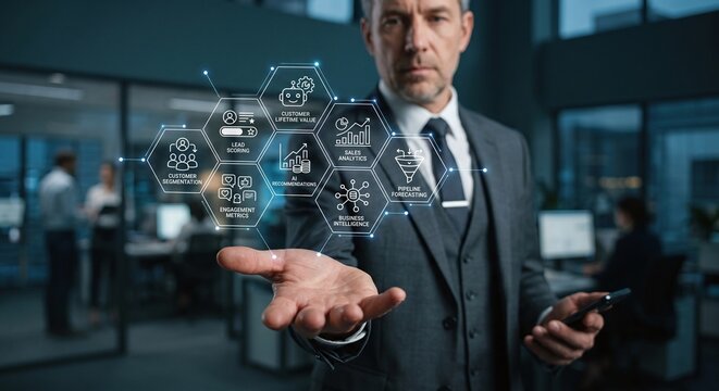 Sales executive holding a holographic customer analytics and pipeline forecasting dashboard.