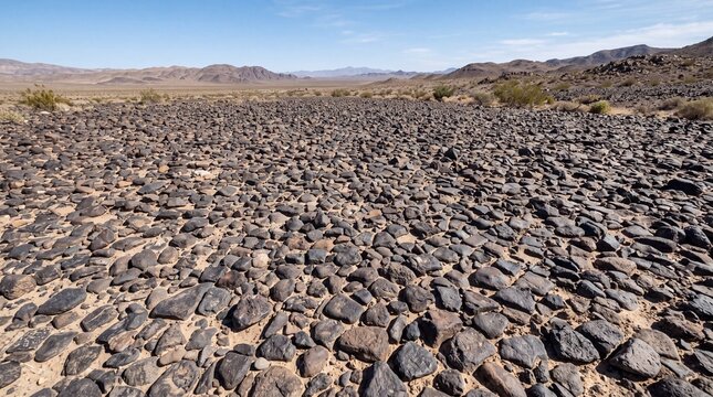 Vast desert landscape featuring dark volcanic rocks scattered across the arid sandy ground under bright sun