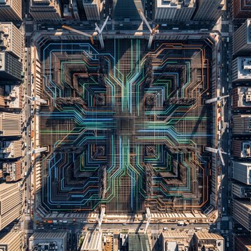 Skyscraper Foundation with Steel Rebar and Circuit Patterns