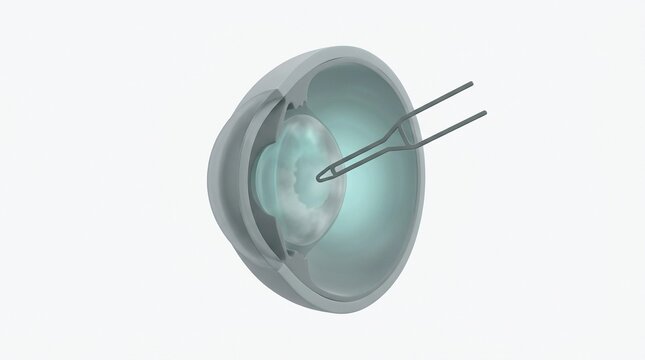 Medical illustration of cataract surgery showing intraocular lens implantation in human eye anatomy